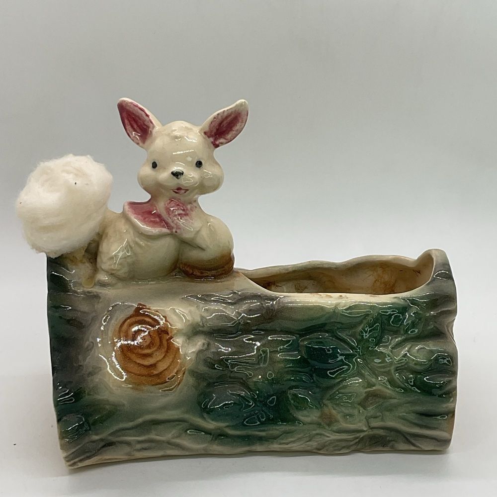Whimsical Bunny Log Vase - Green and Cream